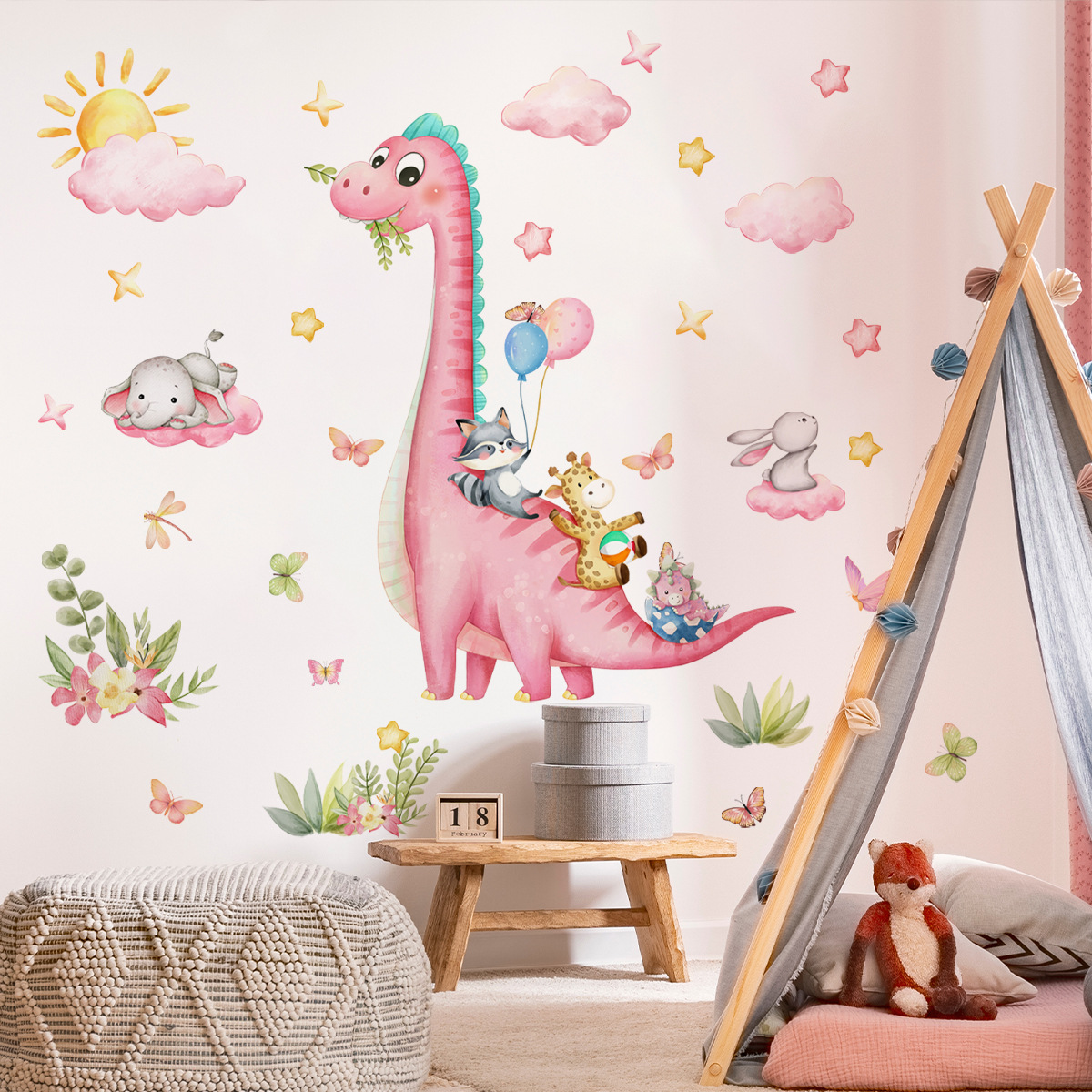 Baby Nursery Vinyl Wall Stickers - Grand Autocollant Mural de Dinosaure Rose