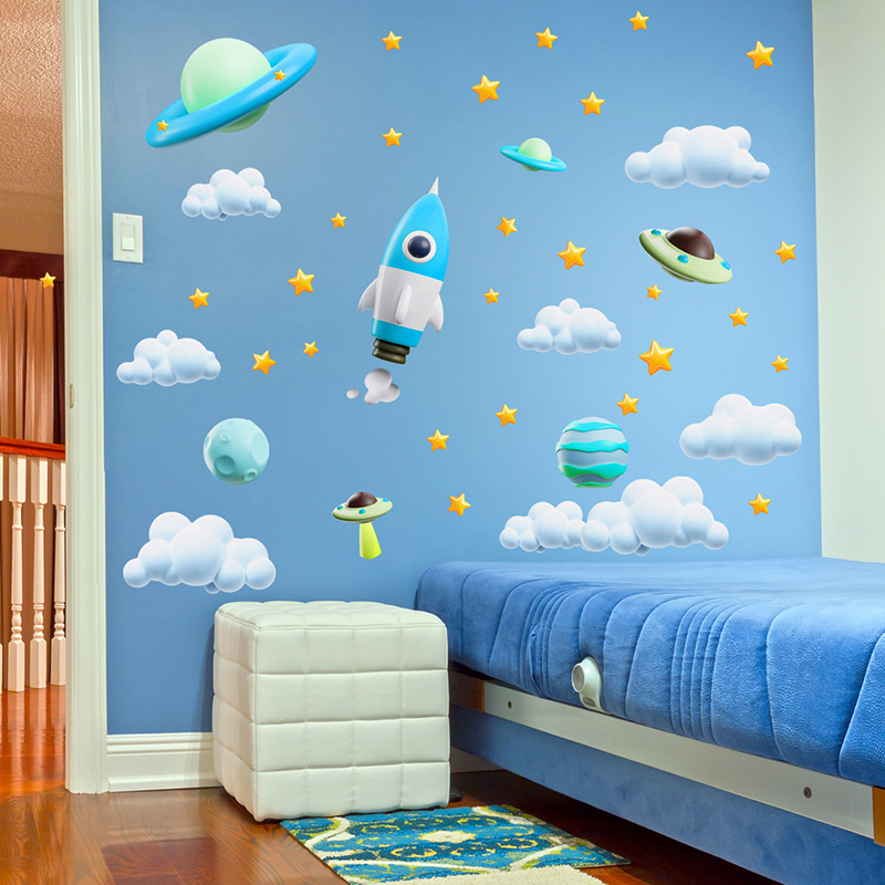 Baby Nursery Vinyl Wall Stickers - Autocollant mural UFO fusée spatiale galaxie