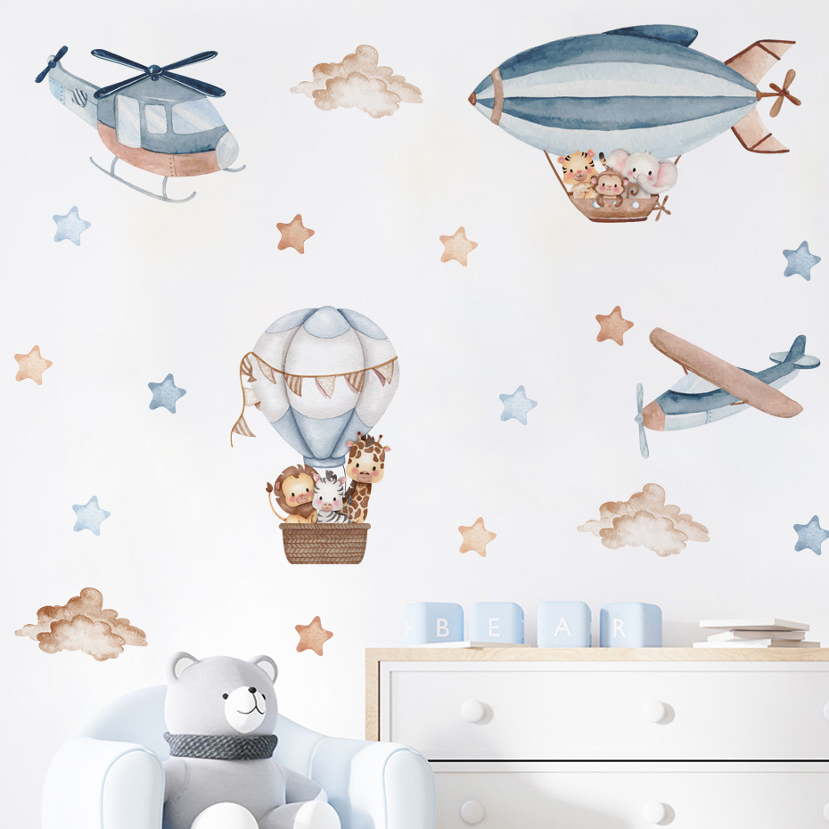 Baby Nursery Boy - Autocollants muraux animaux aquarelle, ballons à
