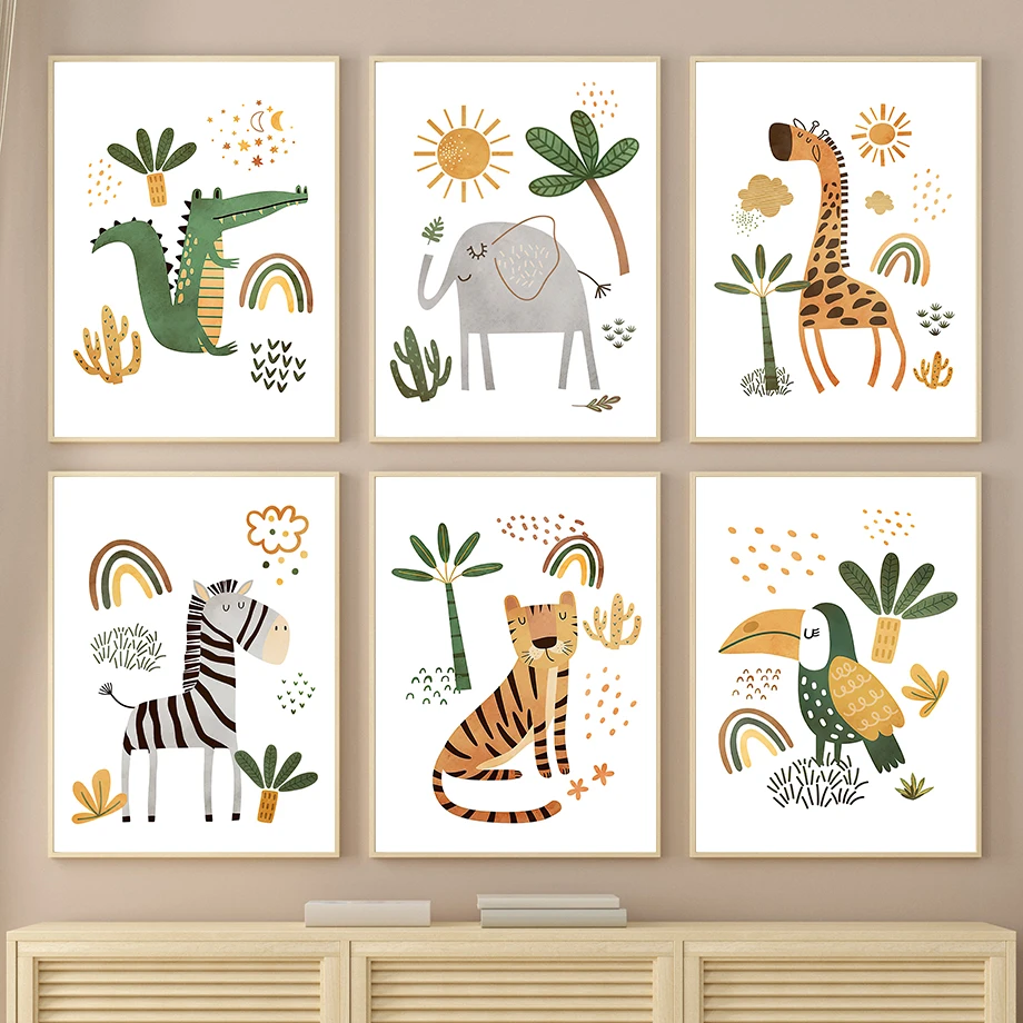 Baby Nursery Jungle - Toile d'art mural girafe, éléphant, tigre,